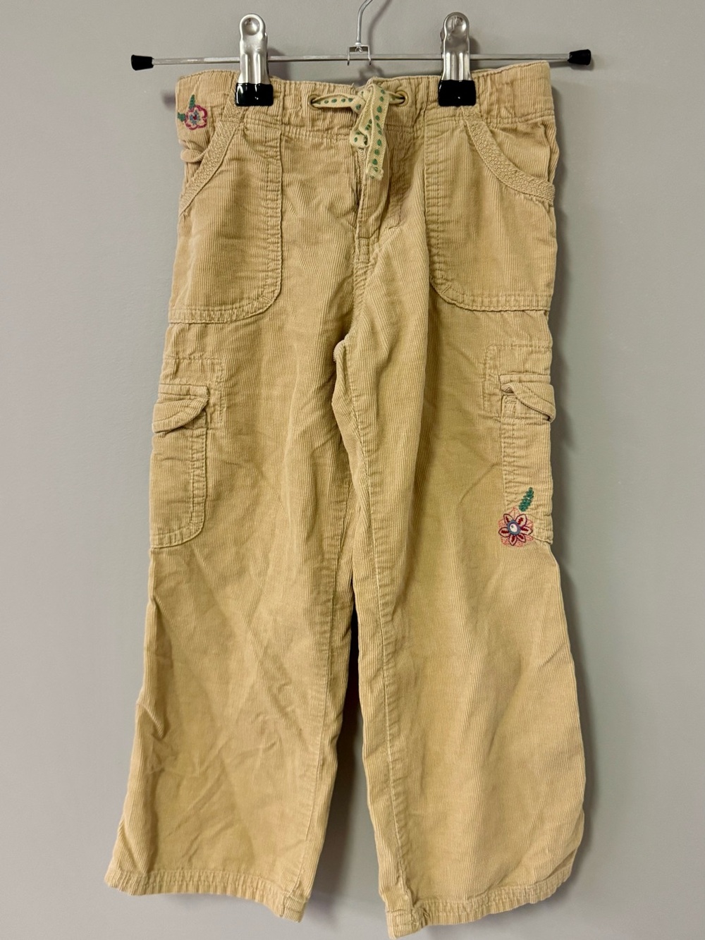 Girls' Tan Corduroy Cargo Pants with Flower Embroidery